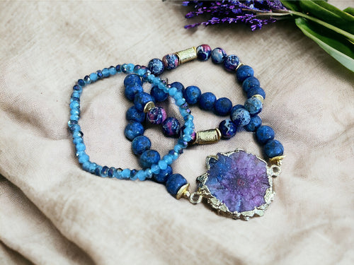 Purple and Blue Solar Agate Bracelet Set