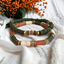 Load image into Gallery viewer, Olive and Coral Heishi Mala Bone Bracelet