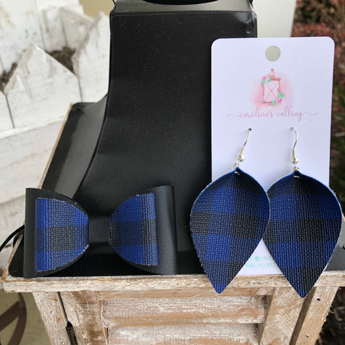 Mommy and Me Blue Plaid Bow Tie or Earrings