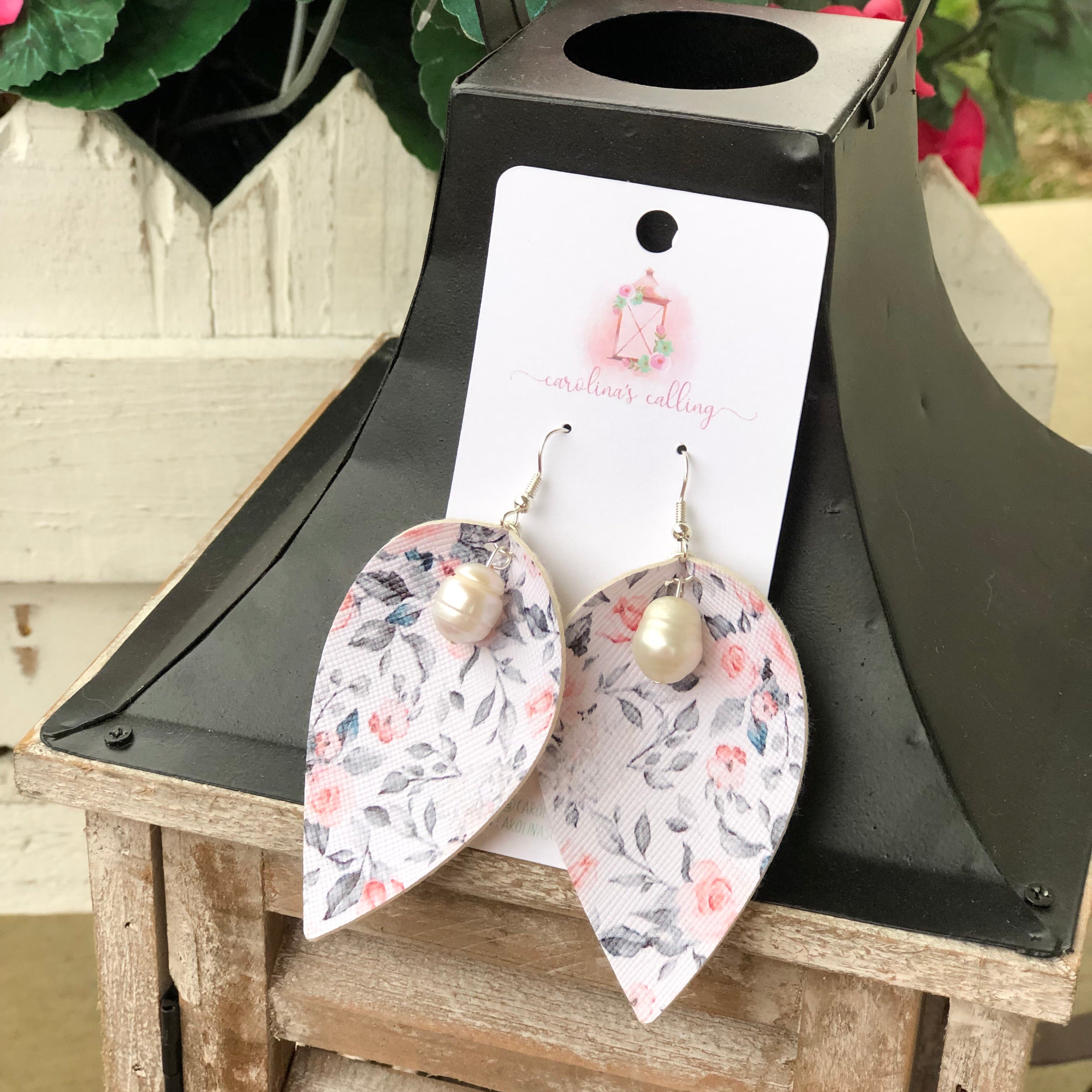 Floral Single Pearl Faux Leather Earrings Carolina s Calling